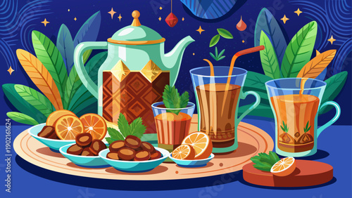 Very beautiful Moroccan mint tea served in traditional glasses with fresh mint, dates, and sugar, symbolizing hospitality, culture, and everyday rituals of Morocco.