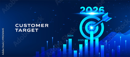 Customer target business growth concept with dart hitting bullseye, marketing strategy data chart, futuristic blue vector background. Audience targeting analytics for success planning