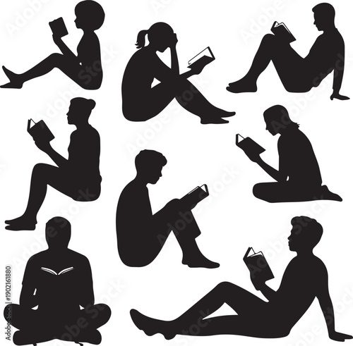People reading sitting silhouettes in various positions  learning and relaxation