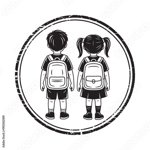 Two children with backpacks viewed from the back within a circular frame