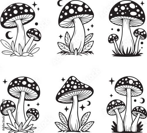 set of black and white mushroom illustrations with stars and moons