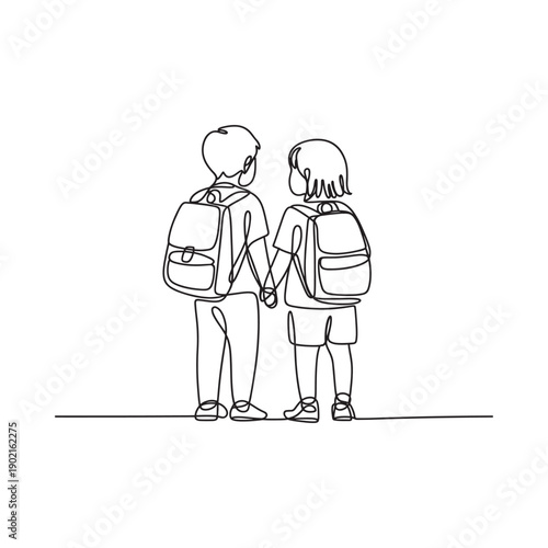 Continuous line drawing of two children holding hands with backpacks