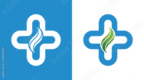 Medical cross symbol with flame and leaf on blue and white backgrounds for healthcare and wellness concepts