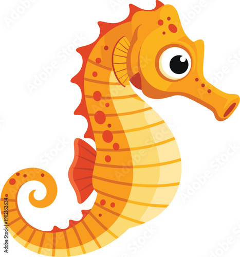 Cartoon seahorse vector illustration, yellow orange accents, curled tail, long snout, marine animal design, educational biology, decorative ocean life art