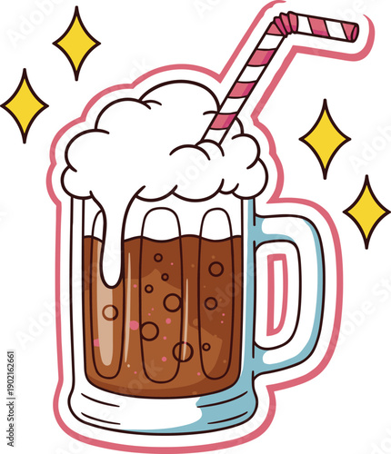Cartoon root beer mug illustration with frothy foam, striped straw and sparkling stars design for beverage and leisure graphics