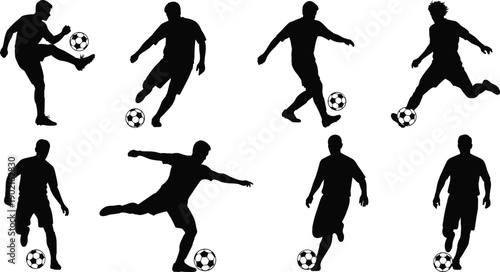 Set of soccer football player silhouettes in action poses including kicking dribbling and shooting ball isolated on white background vector