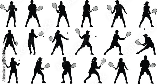 Set of tennis player silhouettes featuring men and women in various action poses including serving, hitting forehand, backhand and volley shots.