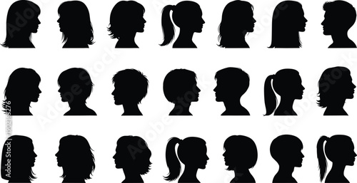 Silhouette collection of diverse male and female profile headshots with various hairstyles isolated on white background for social media avatars and person identity design
