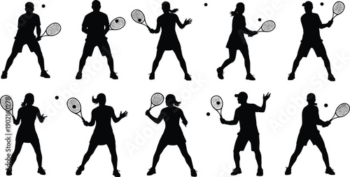 Silhouette collection of professional male and female tennis players holding rackets and hitting balls in various action poses isolated on white background for sports design