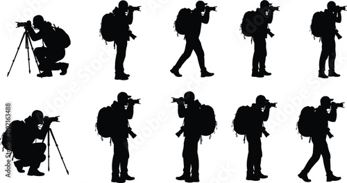 Silhouette collection of professional male photographer traveling with camera tripod and backpack equipment in various poses isolated on white background for outdoor adventure photography