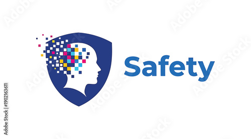 Blue shield with colorful pixels and a human head silhouette representing safety and protection isolated on white background