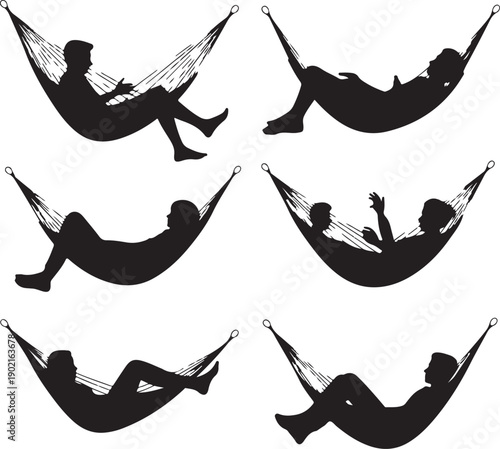 silhouette of people relaxing in hammocks in different positions