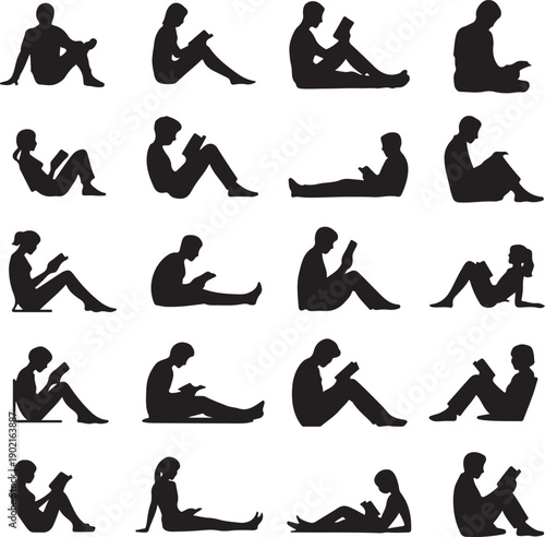 Silhouette of people sitting and reading a book or using a tablet  various poses