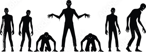 Silhouette of Scary Zombie Group Standing and Crawling Isolated on White Background for Halloween Horror Undead and Apocalypse Concept Design