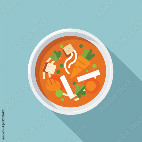 A bowl of orange soup with various vegetables and garnish