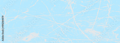 Scratched ice surface texture. Blue ice background with skate traces, cracks, scratches. Rough winter sport rink backdrop. Frozen lake or pond water wallpaper with dots, spot and lines. Eps10
