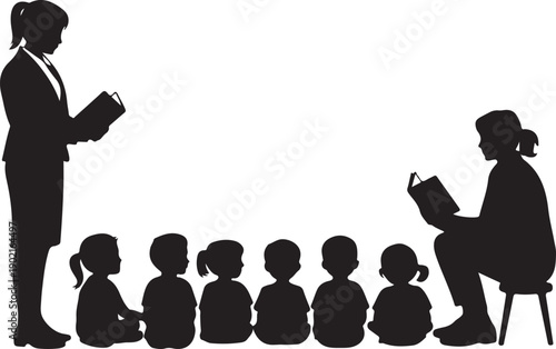 Silhouette of teacher and students in classroom setting with woman reading