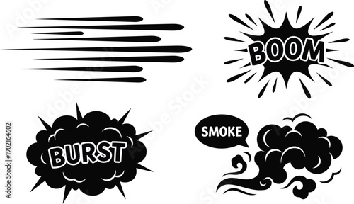 Comic book style black graphic elements with motion and explosion effects isolated on transparent background