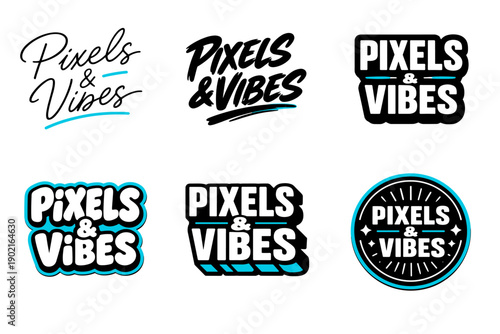 Stylish text designs of pixels and vibes in various font styles and layouts