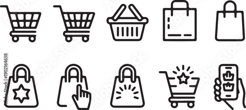 Shopping bag and cart icon set outline style vector for online purchase