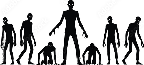 Silhouette of Scary Zombie Group Standing and Crawling Isolated on White Background for Halloween Horror Undead and Apocalypse Concept Design