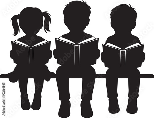 Silhouette of three children sitting on bench reading books