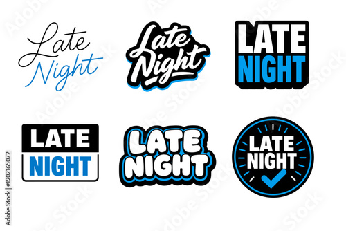 Late night logo collection with blue and white designs and bold typography