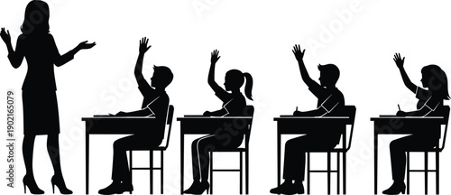 Silhouettes of a female teacher teaching students in a classroom with pupils raising hands, representing education, learning, school, and knowledge.