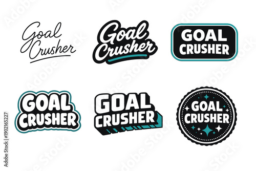 Collection of six goal crusher logo designs in black and teal themes