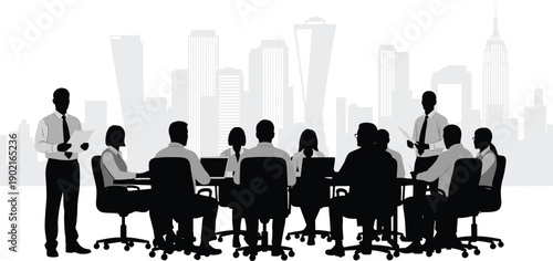 Silhouettes of business people in a corporate meeting with a leader presenting and skyscrapers in the background, professional city office vector