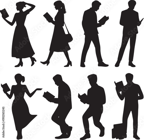 silhouettes of people reading and walking alone in various poses