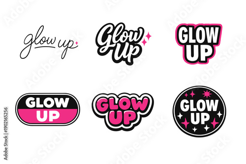 Set of bold and stylish glow up text designs with pink accents