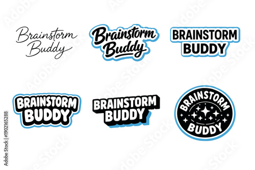 Brainstorm buddy logo variations in black and blue designs