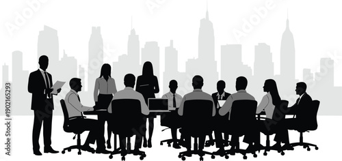 Silhouettes of business people in a corporate meeting with a leader presenting and skyscrapers in the background, professional city office vector