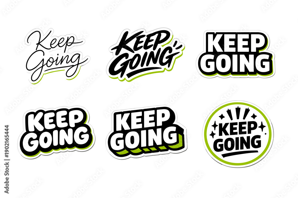 Naklejka premium Keep going inspirational sticker designs with bold typography and green accents