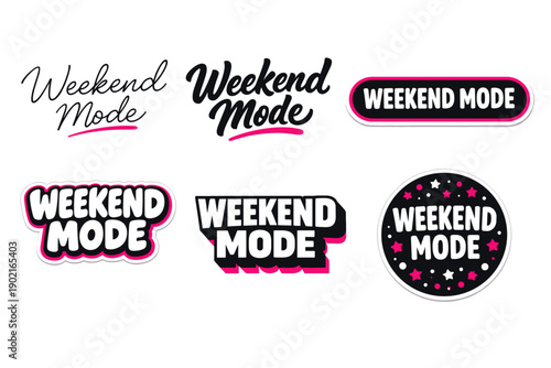 Weekend mode sticker set with bold typography and vibrant colors