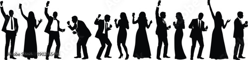 Silhouettes of cheerful men and women in formal attire celebrating, dancing, and holding drinks at an elegant evening party, corporate event, or New Year's Eve function.