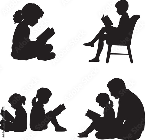 silhouettes of people reading books in different poses