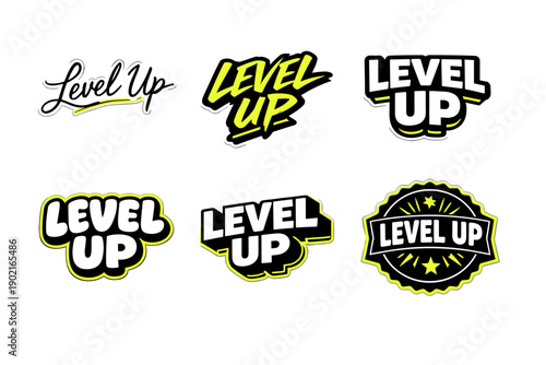 Stylized level up logos with bold typography and graphic elements