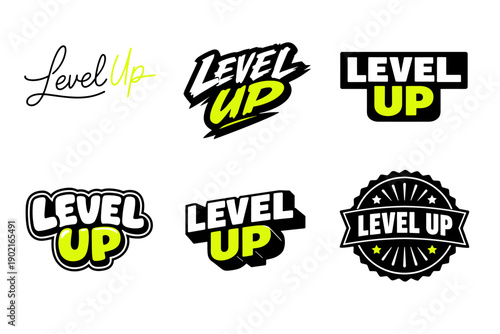 Set of bold green and black 'level up' logos in various styles