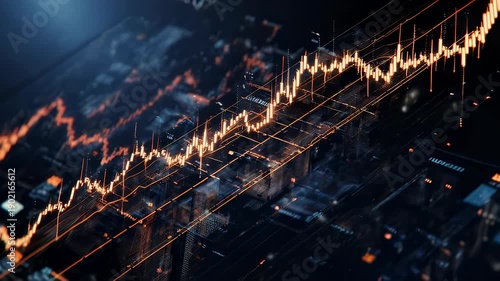 A detailed digital rendering depicts a glowing orange financial chart overlayed over a complex blue and dark gray backdrop
