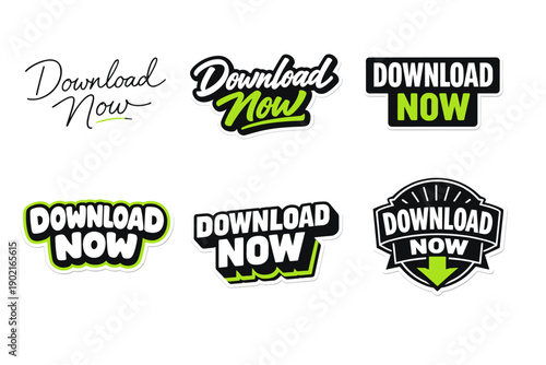 Set of download now text stickers in various styles and designs