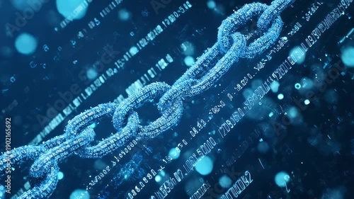 A stylized digital chain links are displayed with data streams flowing around them, with a blue gradient and bokeh effect