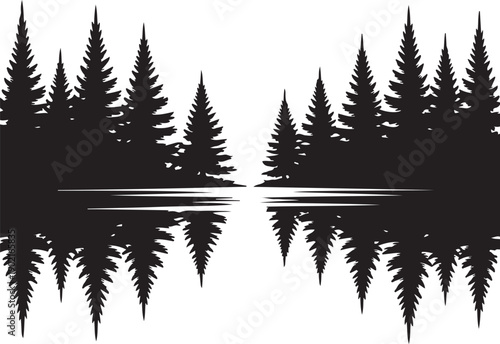 Black silhouette of pine trees reflected in calm water on white background