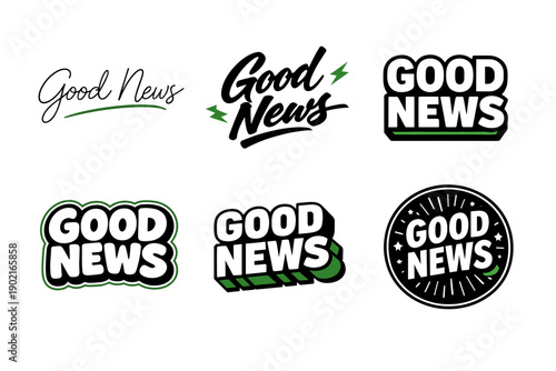 Collection of six stylish 'good news' text designs in various fonts and styles