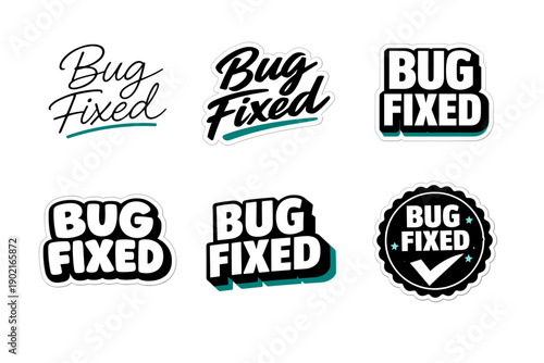 Set of six stylish 'bug fixed' stickers in black and teal variants