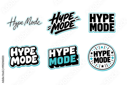 Six dynamic hype mode logos with bold typography and vibrant colors