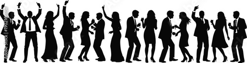 Silhouettes of enthusiastic business men and women in formal wear dancing and having fun at a celebratory corporate party, company event, gala dinner, or wedding reception.