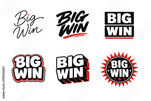 Various big win logos with bold typography and artistic styles