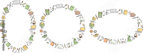 学校生活の文房具や学用品　線画イラストの丸フレームセット　黄色・緑色